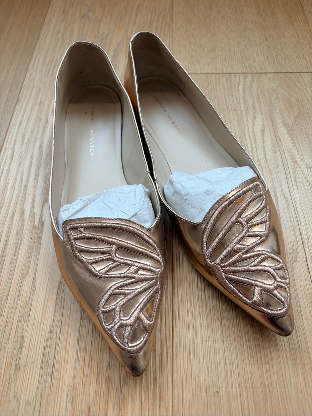 Sophia Webster Metallic Rose Gold Embroidered Butterfly Pointed Flats